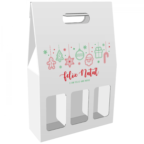 Caixa 3 Garrafas de Vinho 27x9x34cm_CF com Janela - Branco-500x500 Pack de 10 - Caixa p/ 3 Garrafas de Vinho c/ janelas Branca 27x9x34 cm Feliz Natal - Image 1